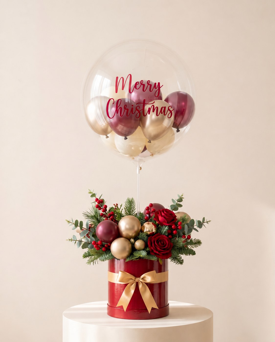 Clear bubble balloon lettered Merry Christmas in red script, filled with burgundy, gold and ivory mini balloons, above a red hat box of pine, berries and red roses with a gold bow (design concept)
