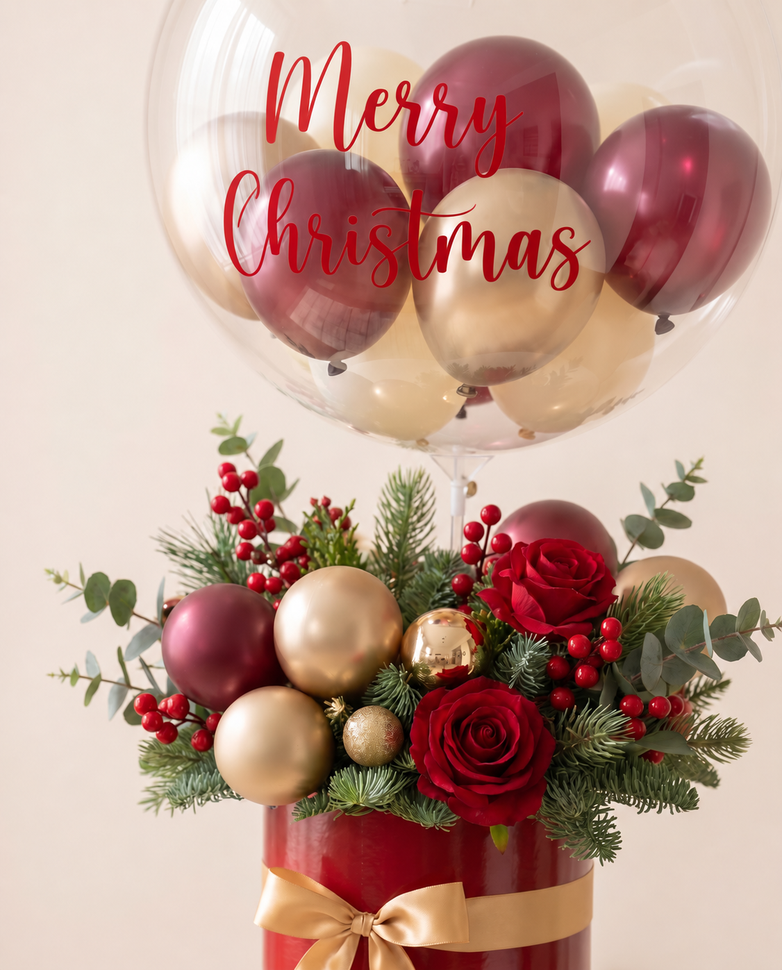 Close-up of the Merry Christmas lettering on the bubble, the mini balloons and the flowers (design concept). Red lettering; hover view.
