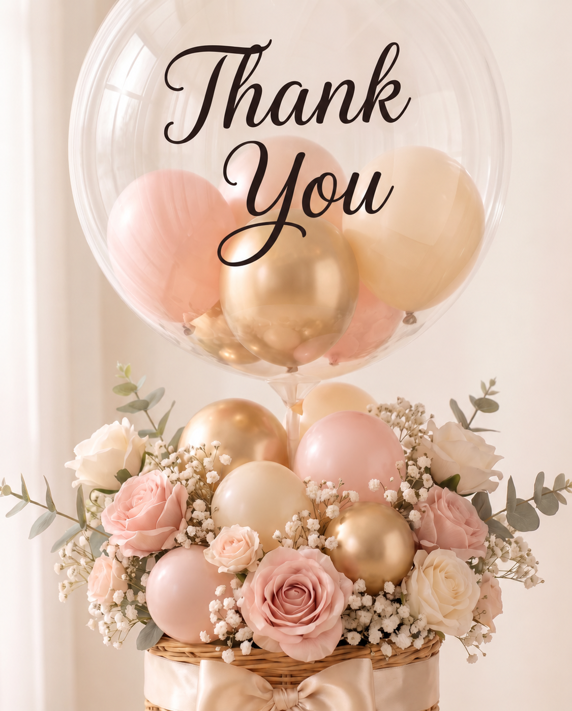 Close-up of the Thank You lettering on the bubble, the mini balloons and the flowers (design concept). Black lettering; hover view.
