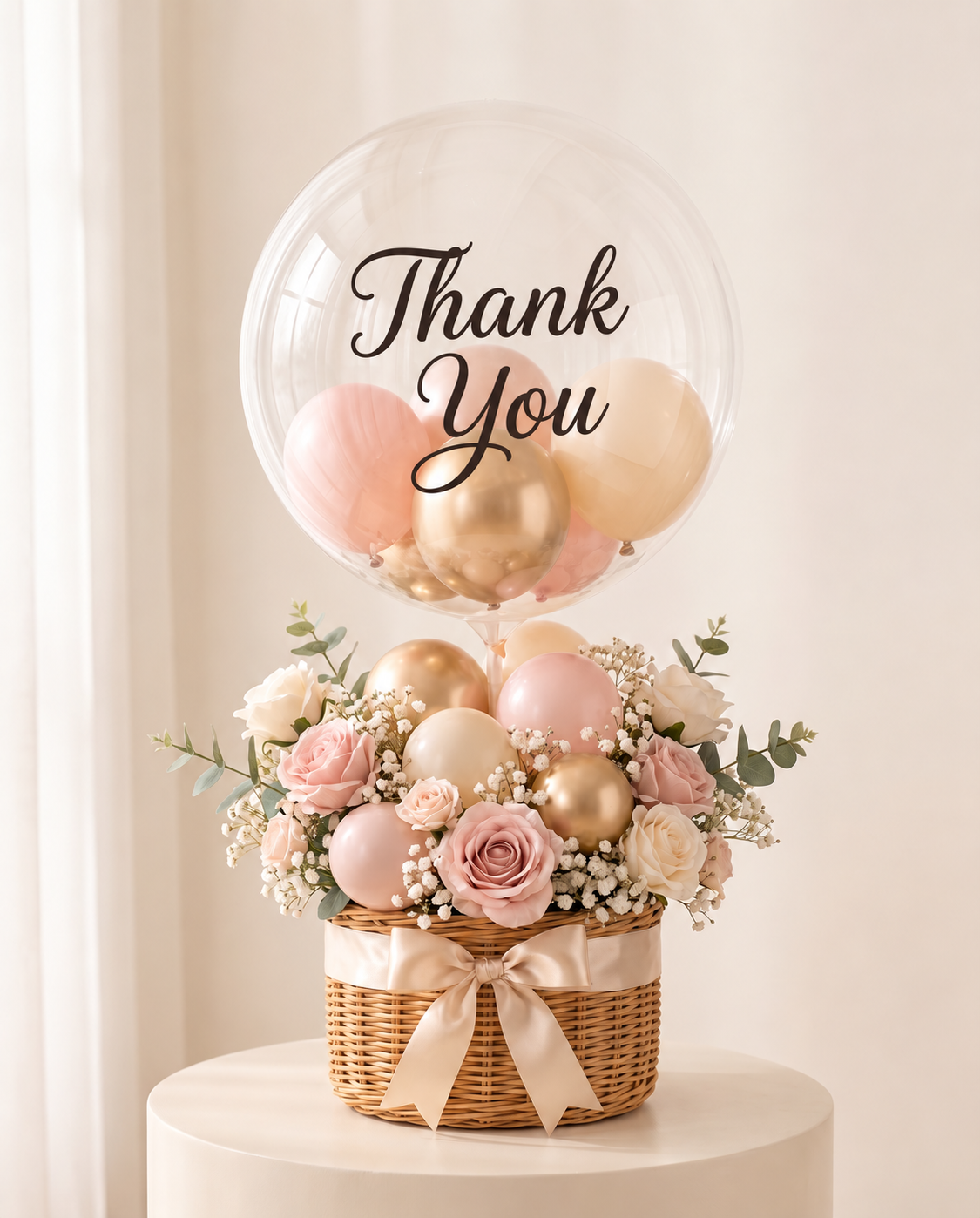 Clear bubble balloon lettered Thank You in dark script, filled with blush and gold mini balloons, rising from a wicker basket of blush and ivory roses with a champagne bow (design concept). Black lettering; main view.