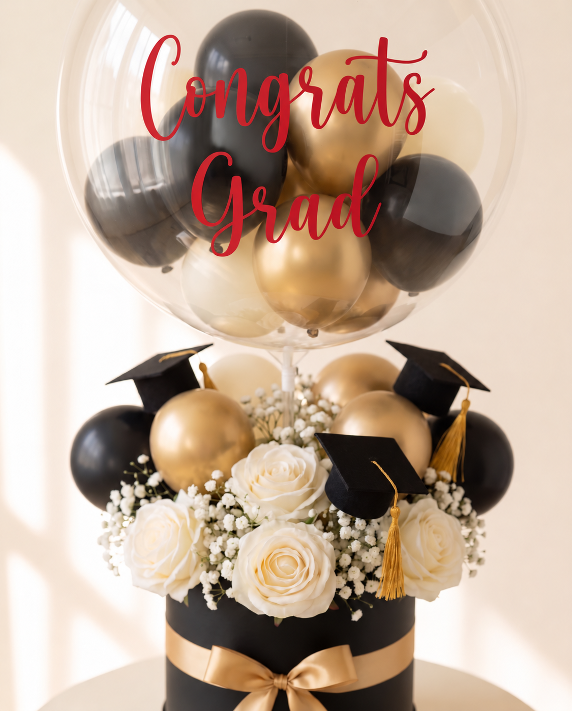 Close-up of the Congrats Grad lettering on the bubble, the mini balloons and the flowers (design concept). Red lettering; hover view.