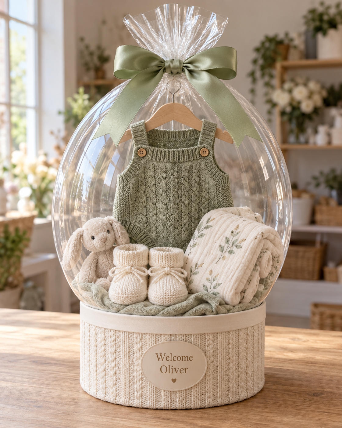 Gift studio original concept 20261009: The Baby Keepsake Bubble. A knitted outfit, booties and muslin presented inside a clear keepsake balloon with a personalised base label. AI concept; construction subject to prototype.