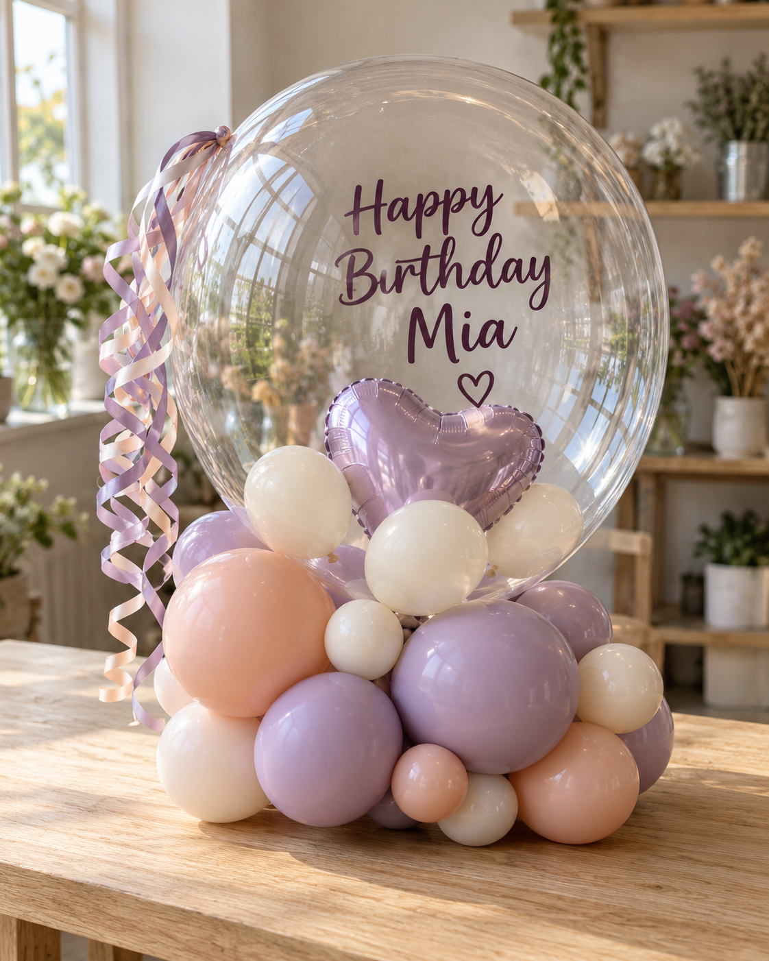 Gift studio original concept 20261009: The Birthday Bubble Hug. A message bubble nestled directly into a sculpted balloon base, with a little heart inside and ribbons at the side. AI concept; construction subject to prototype.