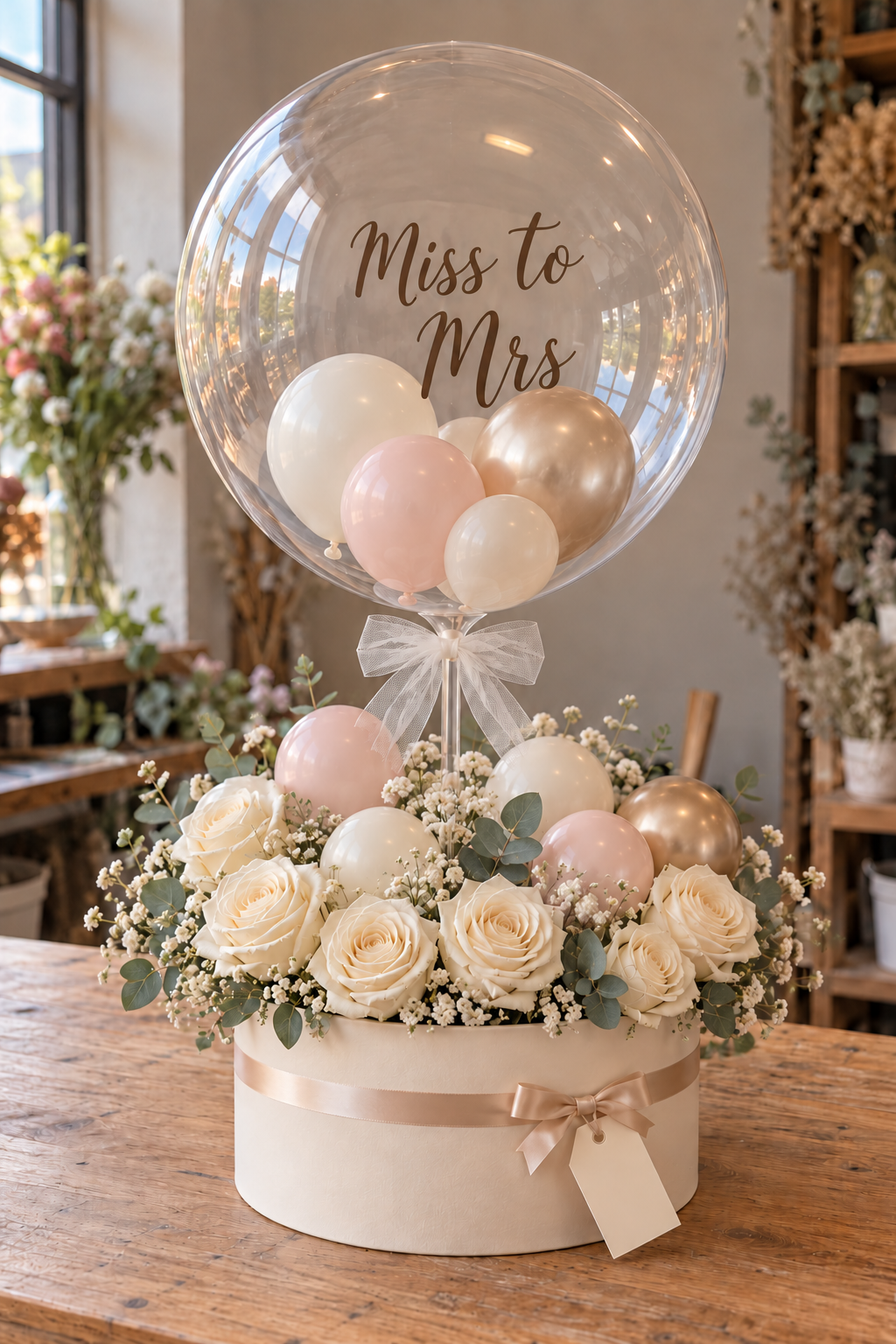 Gift studio original concept 20261009: The Bridal Bubble. Clear bridal balloon with Miss to Mrs lettering above an ivory floral hat box and mini balloons. AI concept; construction subject to prototype.