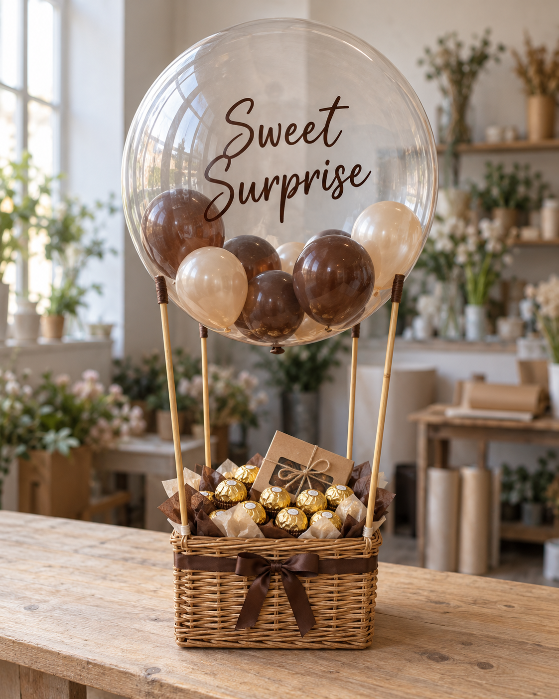 Gift studio original concept 20261009: The Chocolate Air Basket. A hot-air style bubble supported over a woven basket of wrapped chocolates. A sweet surprise with a different silhouette. AI concept; construction subject to prototype.