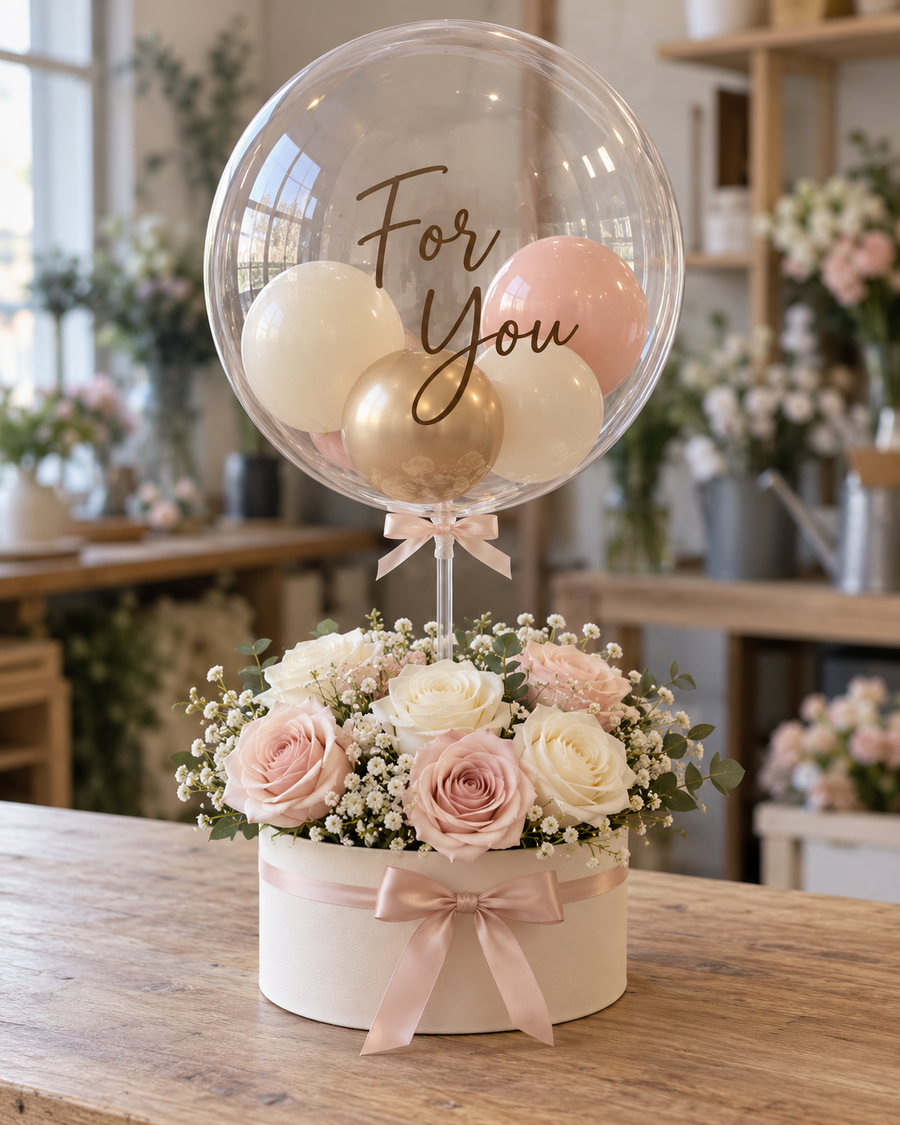 Gift studio original concept 20261009: The Floral Keepsake. A personalised bubble above a keepsake hat box of soft faux roses, finished with a satin bow. AI concept; construction subject to prototype.