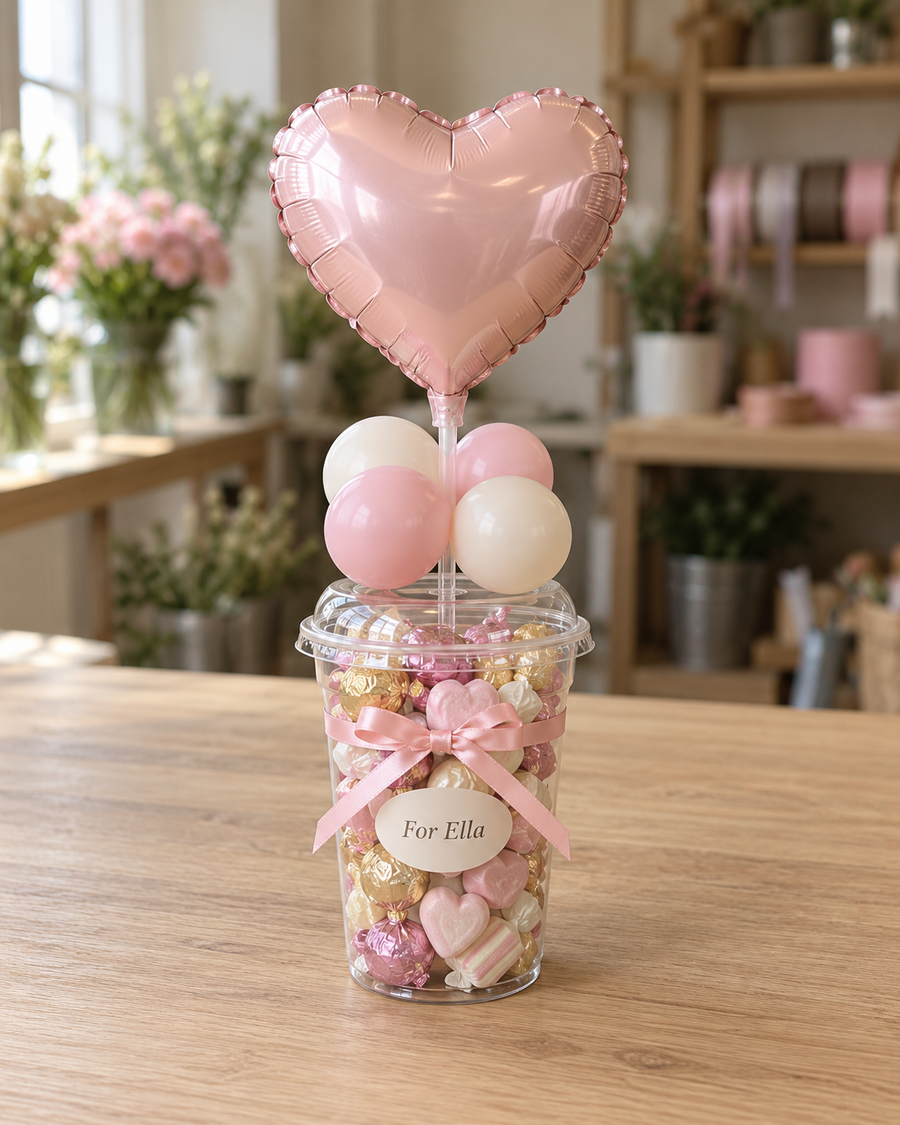 Gift studio original concept 20261009: The Little Heart Candy Cup. A mini foil heart above a clear cup of wrapped sweets, with a little personalised label. AI concept; construction subject to prototype.