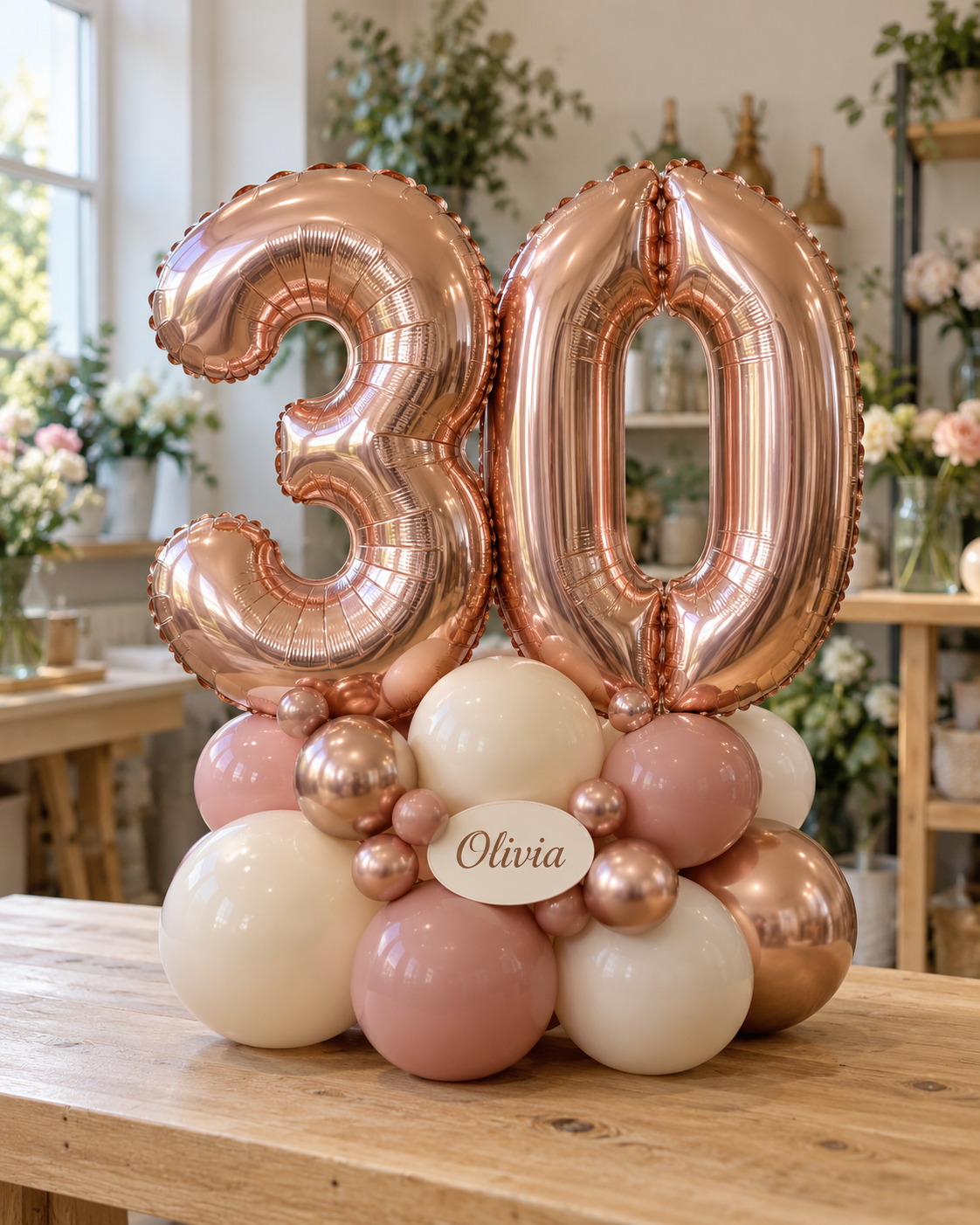 Gift studio original concept 20261009: The Milestone Number Stack. Your age in foil numbers, standing on a compact balloon cluster with a personalised name tag. AI concept; construction subject to prototype.