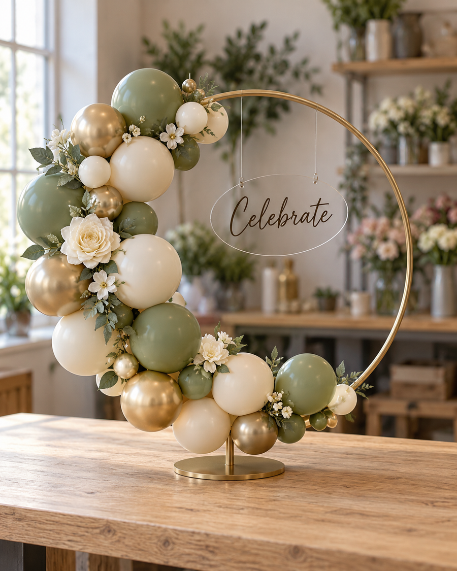 Gift studio original concept 20261009: The Mini Celebration Hoop. A tabletop hoop with an asymmetrical balloon garland, flower accents and a personalised hanging plaque. AI concept; construction subject to prototype.