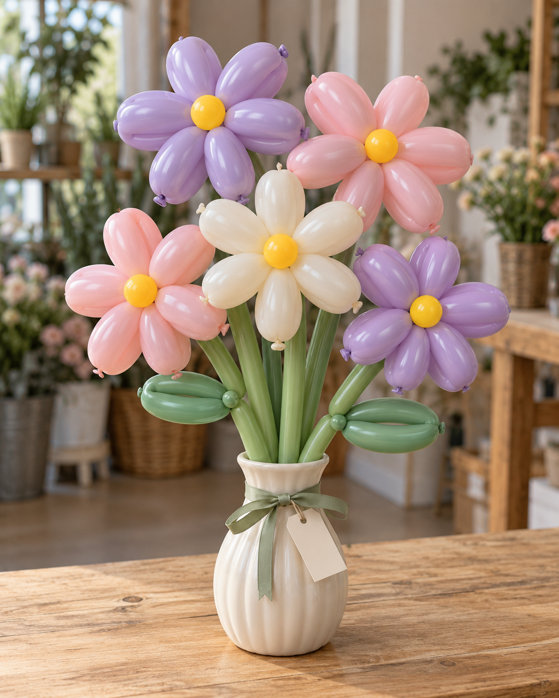 Gift studio original concept 20261009: The Balloon Flower Posy. A cheerful posy of sculpted balloon daisies in a little vase. Flowers with a playful twist. AI concept; construction subject to prototype.