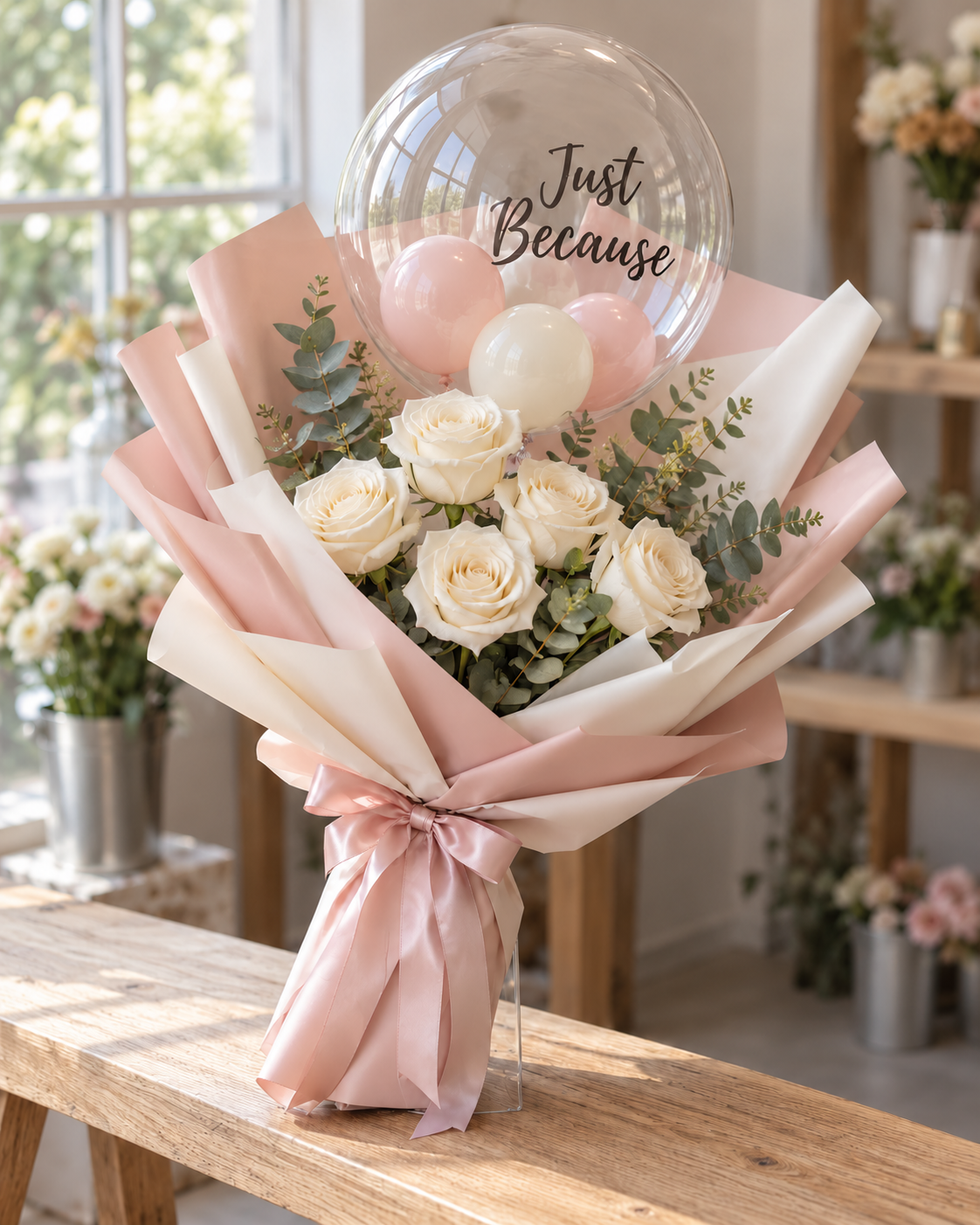 Gift studio original concept 20261009: The Wrapped Bubble Bouquet. A small message bubble gathered with faux roses and greenery in layered florist wrap, finished with a satin bow. AI concept; construction subject to prototype.