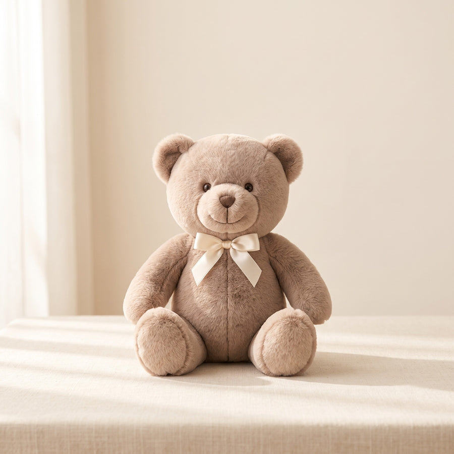 Soft plush teddy bear in warm taupe, about 25cm, sitting upright on a cream linen surface (design concept)