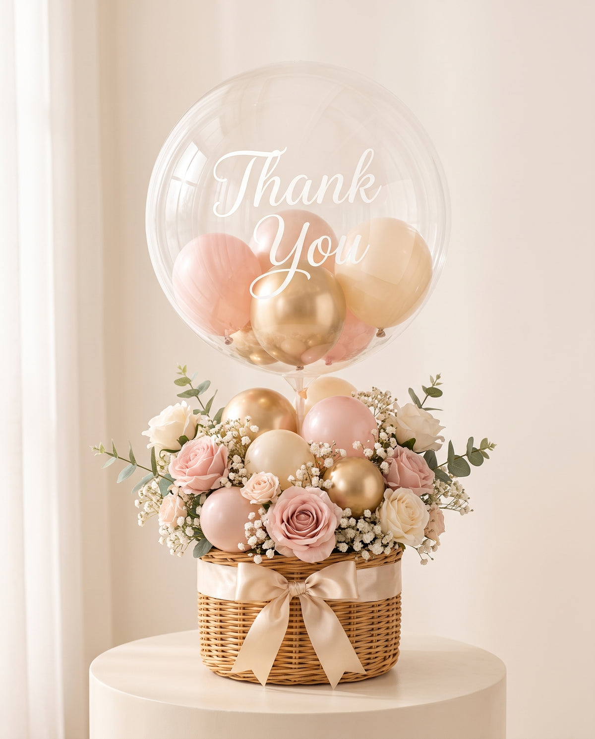 Clear bubble balloon lettered Thank You, filled with blush, champagne and gold mini balloons, rising from a round woven wicker basket of blush and ivory roses, baby’s breath and greenery tied with champagne satin ribbon, on a cream plinth (design concept)