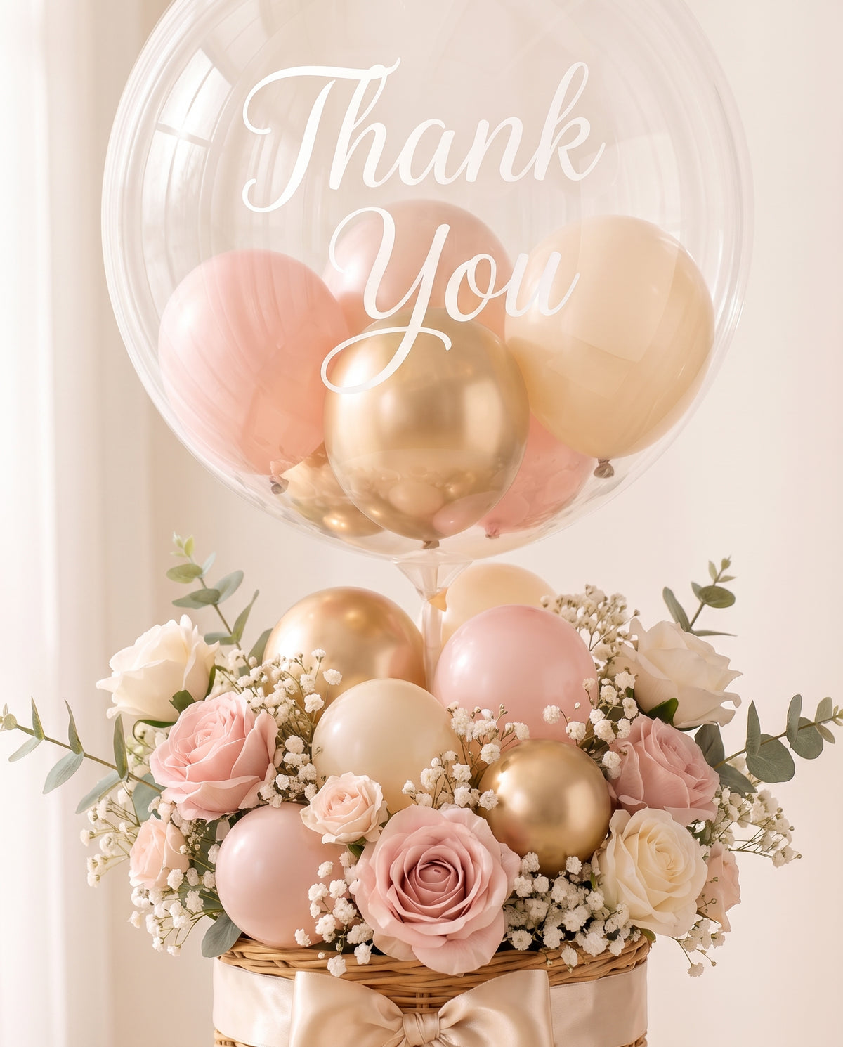 Close-up of the Thank You lettering on the bubble, the mini balloons and the flowers (design concept)