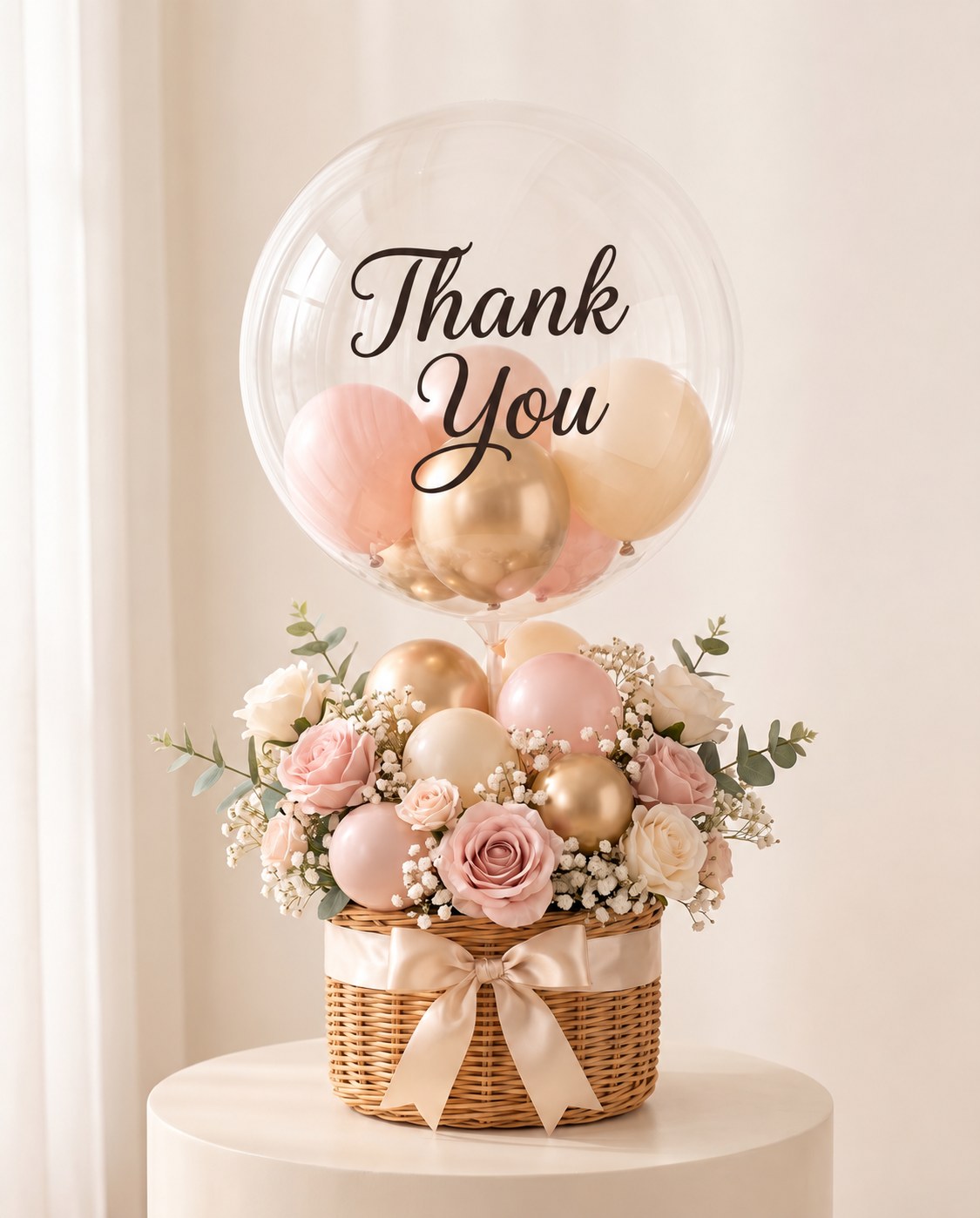Clear bubble balloon lettered Thank You in dark script, filled with blush and gold mini balloons, rising from a wicker basket of blush and ivory roses with a champagne bow (design concept)