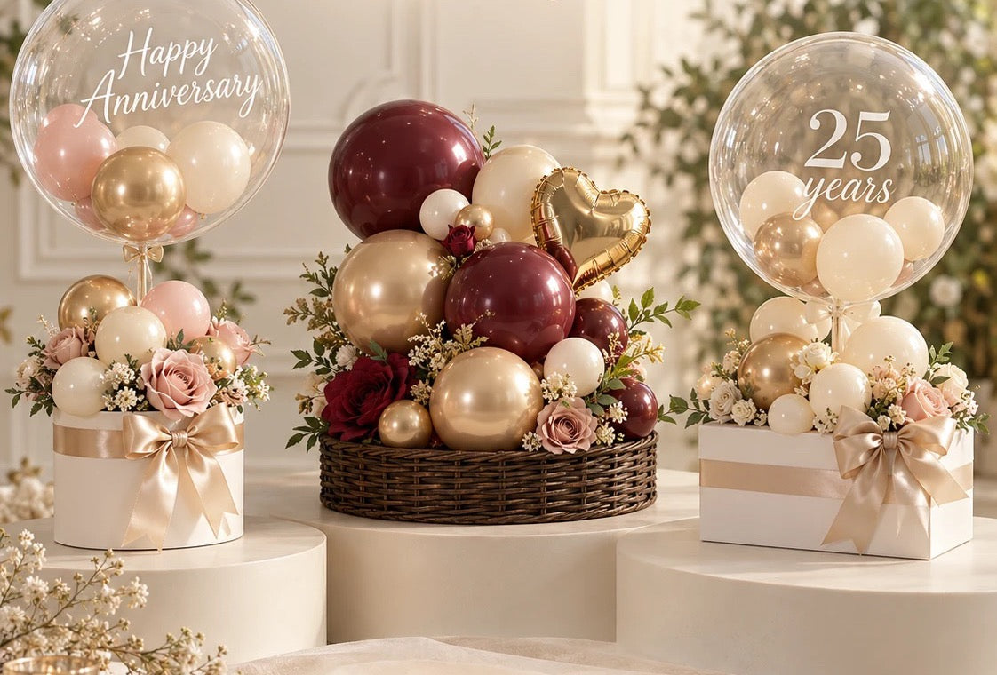 Balloon gift arrangements on cream plinths